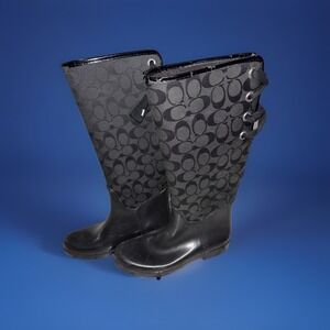 Women's COACH Tristee Lace-Up Corset Signature Logo Rain Boots Black Size 7B